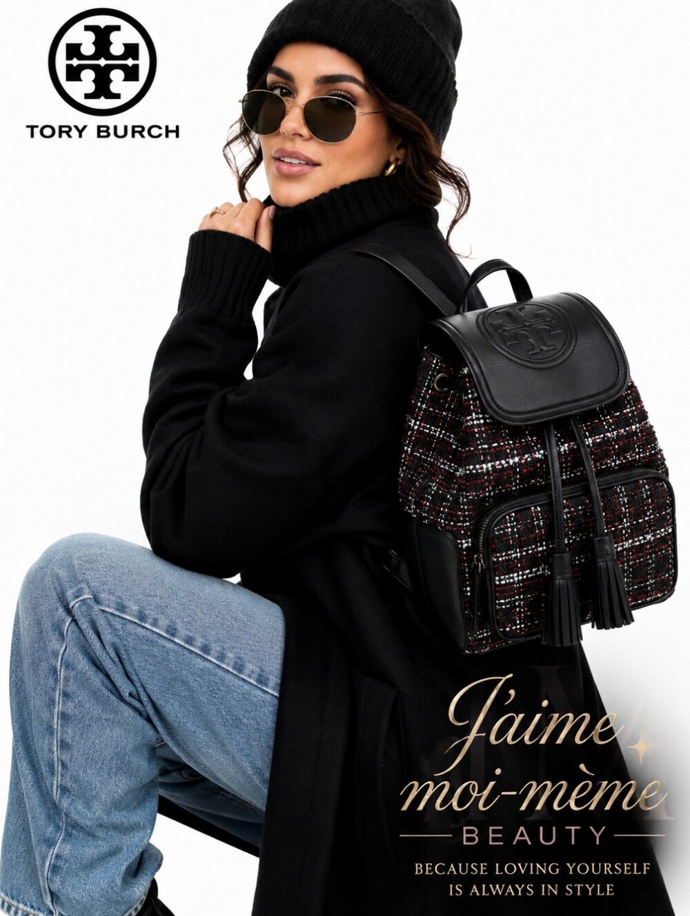 Tory Burch Black and Red Tweed Tassel Backpack with Chain Straps - READ